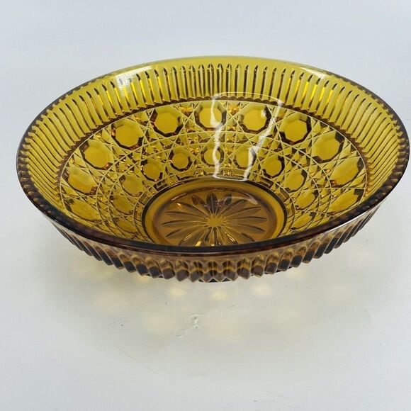 Vintage Amber Windsor Depression Glass Bowl  7.5" Cane & Button Indiana - Picture 2 of 10